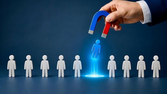 Giant hand using magnet to attract and select a unique blue candidate from a row of white figures for recruitment concept