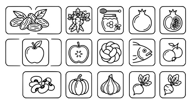 Jewish Holiday Food Icons: Rosh Hashanah Symbols Isolated