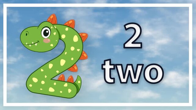 Animated Number Two with Green Dinosaur Character Floating Over Blue Sky