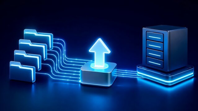 Digital file transfer and cloud storage upload concept with glowing blue folders migrating to a network server