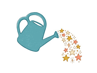 Obraz premium Blue Watering Can Pouring Magical Golden Stars