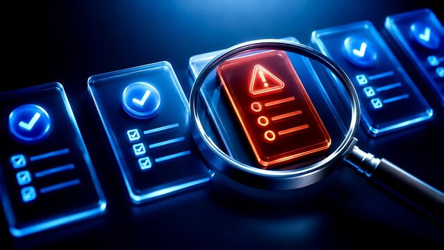 Magnifying glass focusing on a red warning document among blue approved files, representing compliance audit, risk management, and error detection in digital systems.