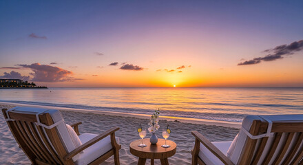 Fototapeta premium Tropical Sunset View from Beach Chairs with Cocktails and a Luxury Resort