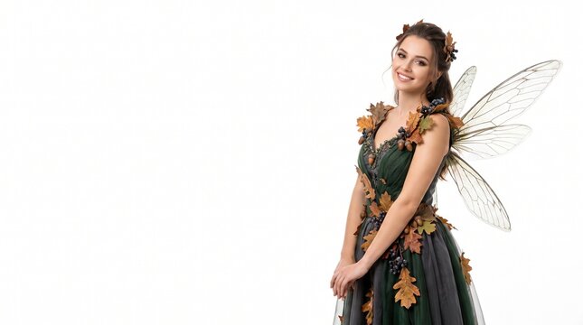 Beautiful smiling woman in fantasy autumn forest fairy costume with translucent wings and leaf gown isolated on white background