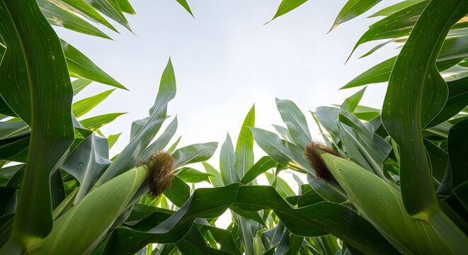 A low-angle view of lush green corn plants reaching towards the sky.