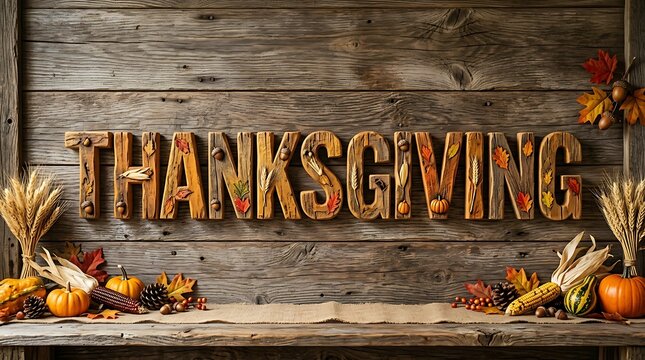 Rustic thanksgiving wood lettering with autumn harvest decorations displayed