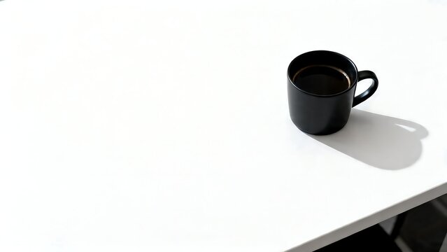 Minimalist black coffee mug on a white table with sharp shadow