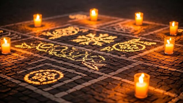 Warm candles illuminate intricate patterns on a dark cobblestone street at night.