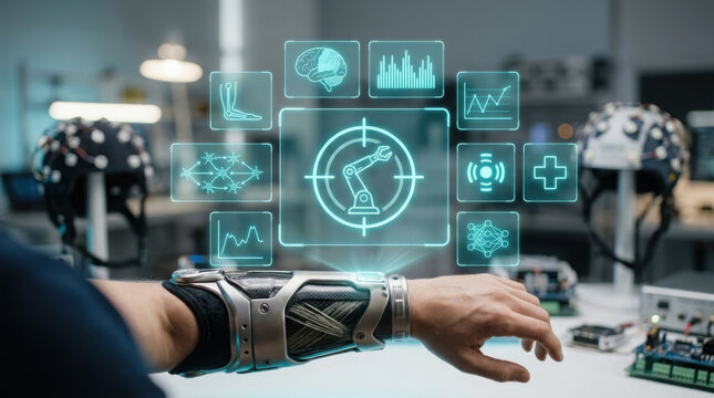 Close-up of a futuristic prosthetic neural interface sleeve on a human arm with a holographic digital display showing brain waves and medical data in a high-tech laboratory
