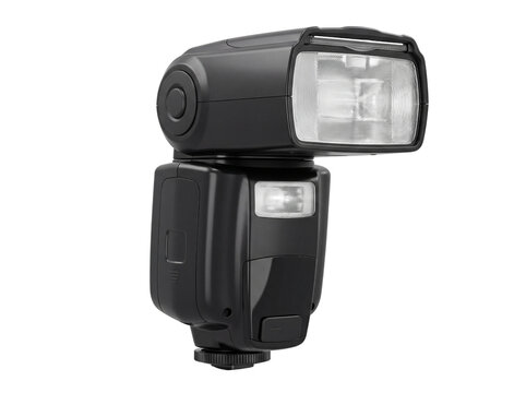 A black camera speedlight with adjustable head and base detailed rendering on transparent background flash strobe