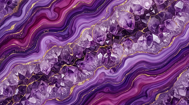 Luxury purple amethyst crystal geode texture background with dark fractures. 