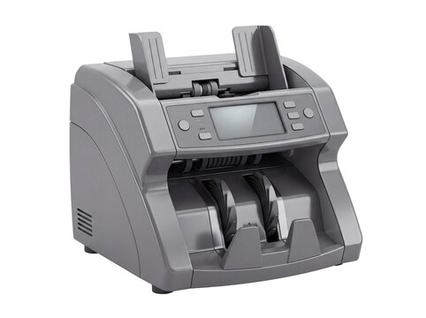 Detailed money counting machine with control panel and bill slots on transparent background counter currency sorter