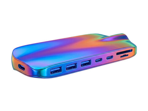 Iridescent computer hub with multiple ports and a sleek design on transparent background usb docking station