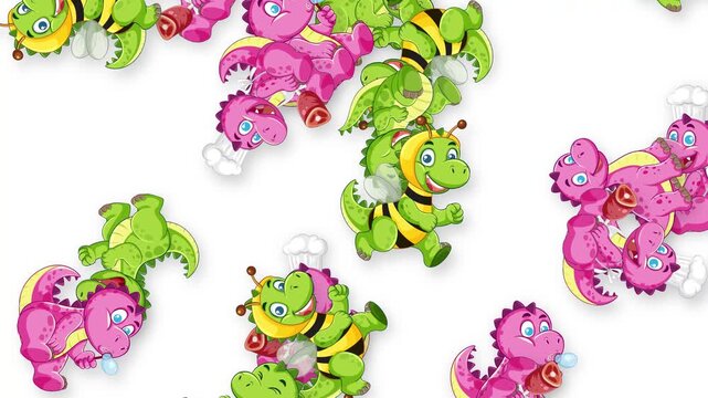 Falling Cartoon Dinosaurs and Bees Animation on White Background