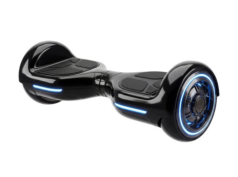 Black self balancing scooter with illuminated wheels and textured footpads on transparent background hoverboard self balancing two wheeled