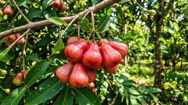 Lush Red Rose Apple Fruits Hanging from a Branch in a Vibrant Tropical Orchard.