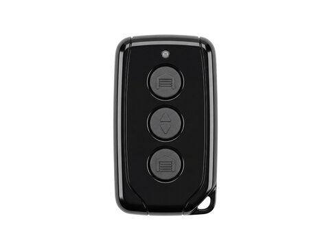 Black remote control with three circular buttons and a keyring on transparent background key fob gate