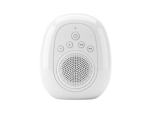 White portable speaker with circular control buttons and a perforated grill on transparent background audio device