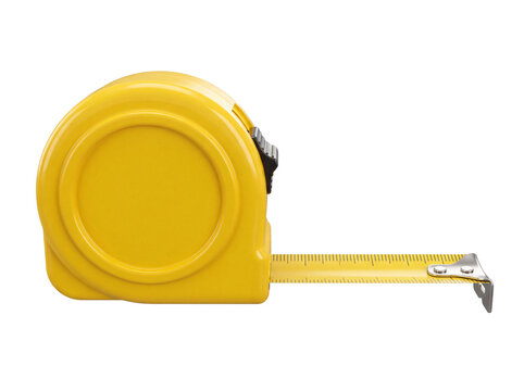 A yellow retractable measuring tape with a metallic clip detailed markings on transparent background measure measurement