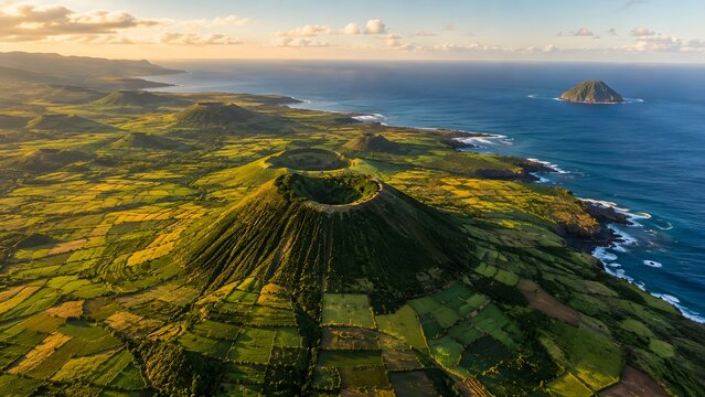 Aerial View of Volcanic Crater and Coastal Farmland at Golden Hour