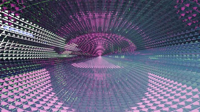 Kaleido Macro - iridescent faceted tunnel spiraling into infinite vanishing point, seamless loop 4K abstract background