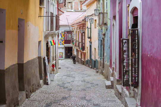 Colorful houses along a colonial street in La Paz, Bolivia