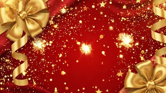 Festive red background with golden ribbons, bows, and sparkling confetti
