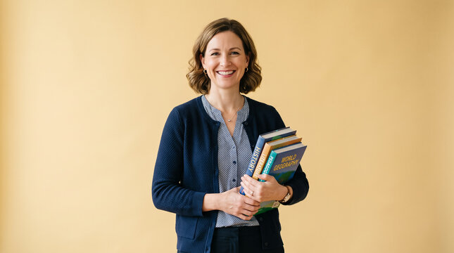 Smiling woman teacher holding textbooks on a plain background