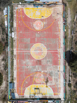 Colorful sports court seen from directly above in La Paz, Bolivia