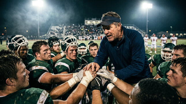 Coach rallies football team in huddle before game under stadium lights