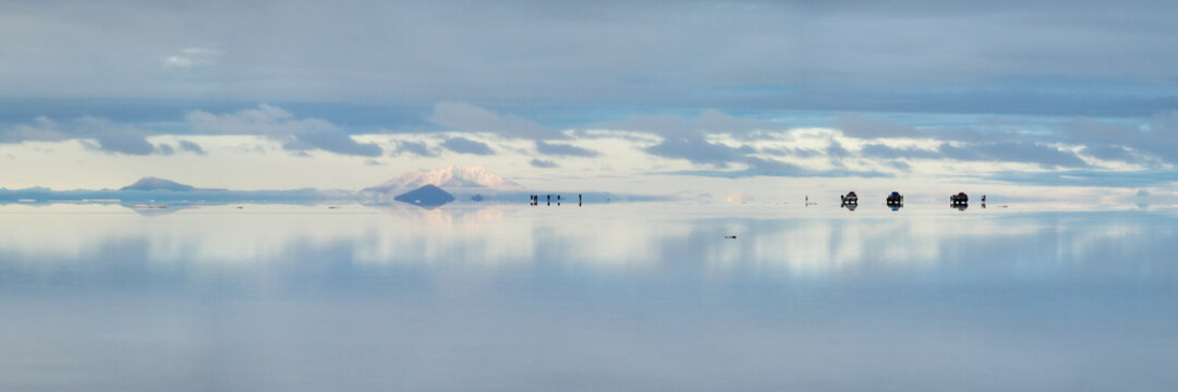 Panorama of reflections on the Salar de Uyuni, Bolivia