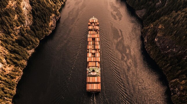 Aerial view of a large cargo container ship navigating through a narrow mountain fjord with dark water and forested cliffs during sunset
