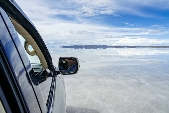 View of the Salar de Uyuni from a 4x4 window, Bolivia