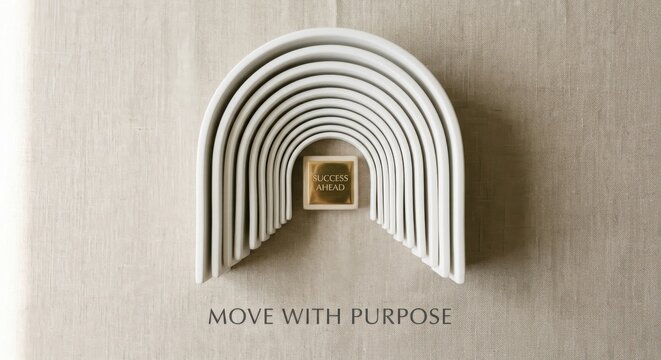 Stacked White Ceramic Arches Leading to a Golden 'Success Ahead' Plaque