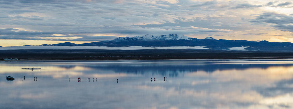 Panorama of the Salar de Uyuni at dusk, Bolivia