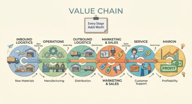 Value Chain Business Process Flow with Operations Outbound Logistics Marketing Sales and Service Stages