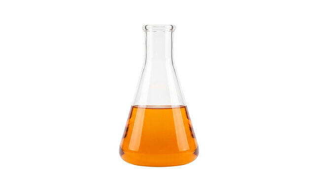 Clear Glass Erlenmeyer Flask with Amber Liquid Isolated on Pure White Background