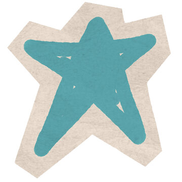 Aesthetic Teal Star Sticker On Diary Page. A hand-drawn teal blue star sticker with a rough paper border for colorful pop accents in planners and albums.