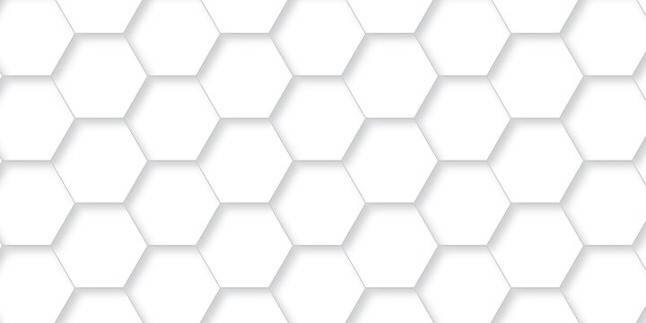 Abstract minimal white grid metal hexagon background. Embossed Hexagon, honeycomb white mosaic cell web light shadow texture wall decoration wallpaper design.	
