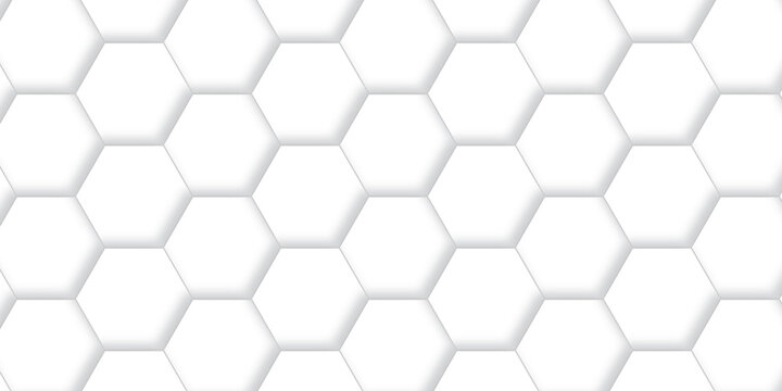 Abstract minimal white grid metal hexagon background. Embossed Hexagon, honeycomb white mosaic cell web light shadow texture wall decoration wallpaper design.	
