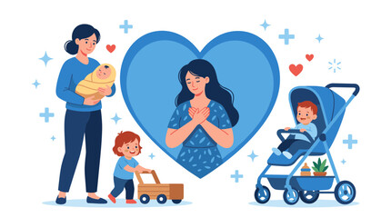 Fototapeta premium Mother with baby and toddler in modern design style showing love and care for her children