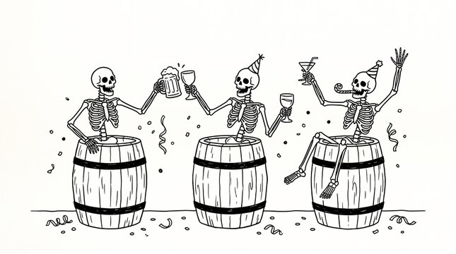 Skeleton Partying Skeletons Celebrating with Drinks and Barrels
