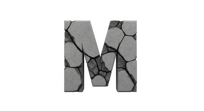 Letter m symbol made of cracked grey stone texture isolated on transparent background