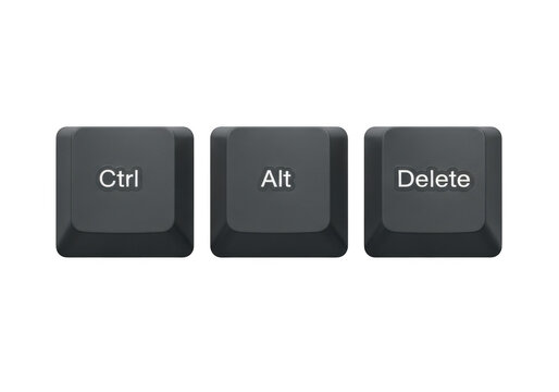 Black computer keyboard keys with ctrl alt and delete command labels isolated on transparent background