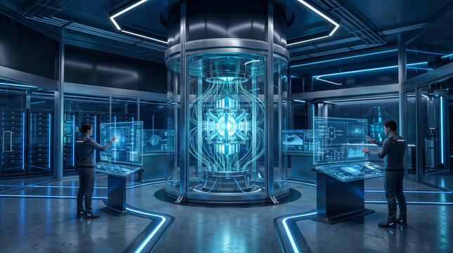 Quantum computing lab with advanced AI technology in operation. Futuristic data center featuring holographic interfaces and cybernetic research.