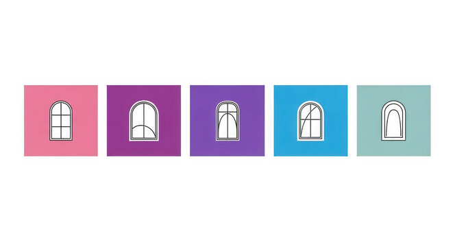 Five colorful square icons featuring different door and window designs isolated on transparent background