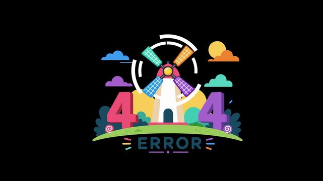 404 error page not found animation with spinning windmill. 4K Video
