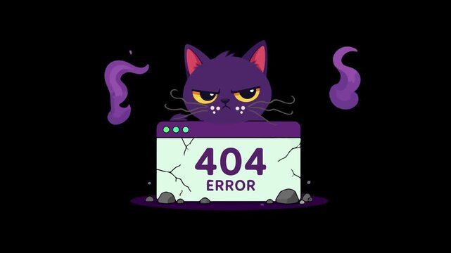 Grumpy purple cat with 404 error website page animation. 4K Video