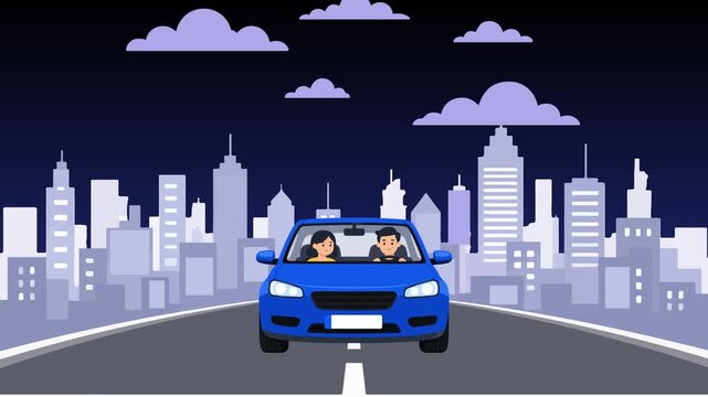Couple driving blue car in city at night animation. 4K Video