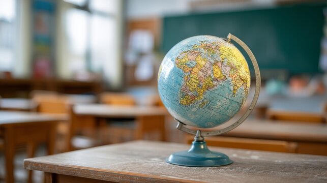 Globe on school desk in classroom with whiteboard background, planet earth education concept, geography learning, world map study, back to school theme, global knowledge and classroom interior design
